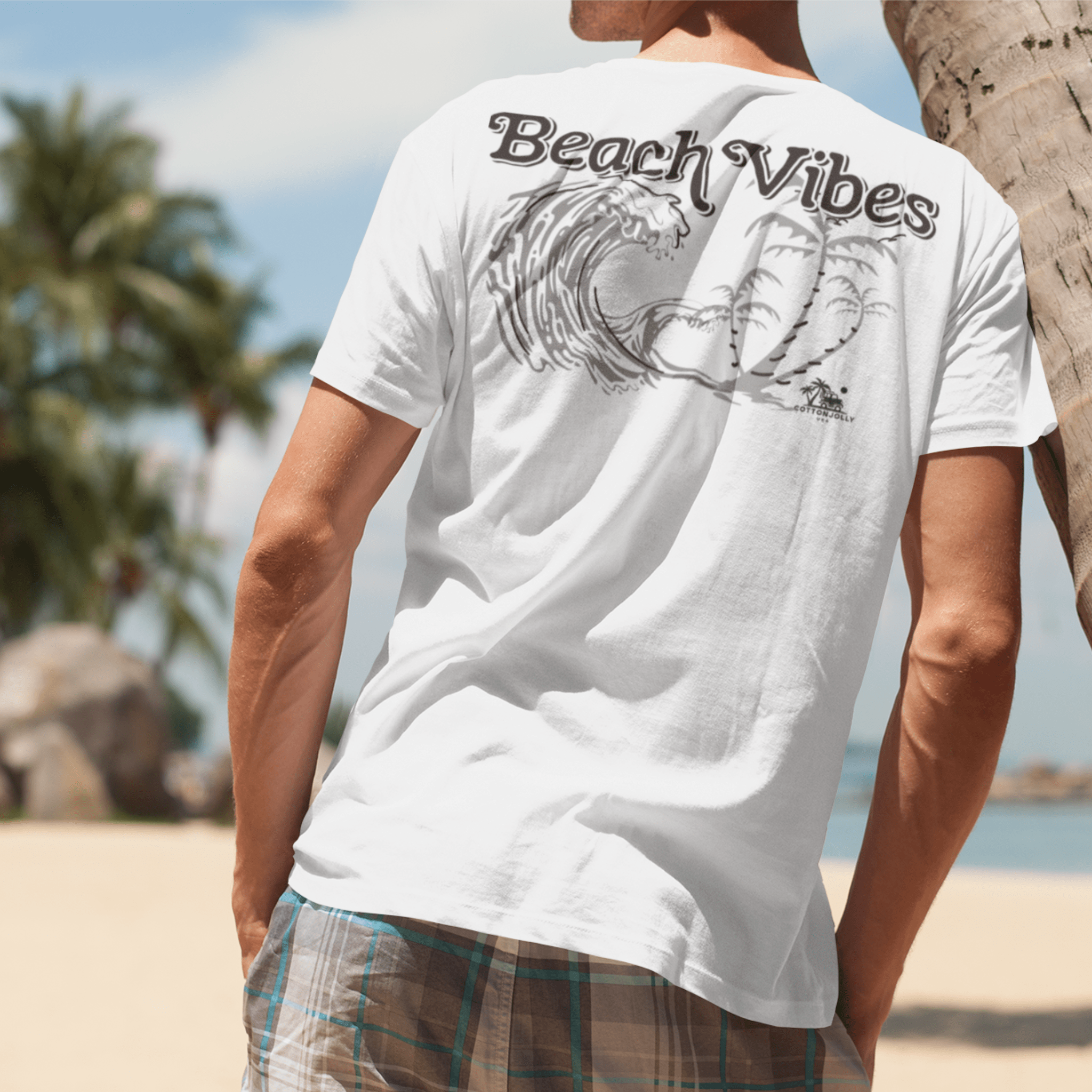 A women’s Beach Vibes Tee laid flat; made from 100% premium cotton, this ultra-soft, breathable t-shirt features a coastal-inspired design with gentle ocean waves, capturing the essence of beachside relaxation and carefree summer style.