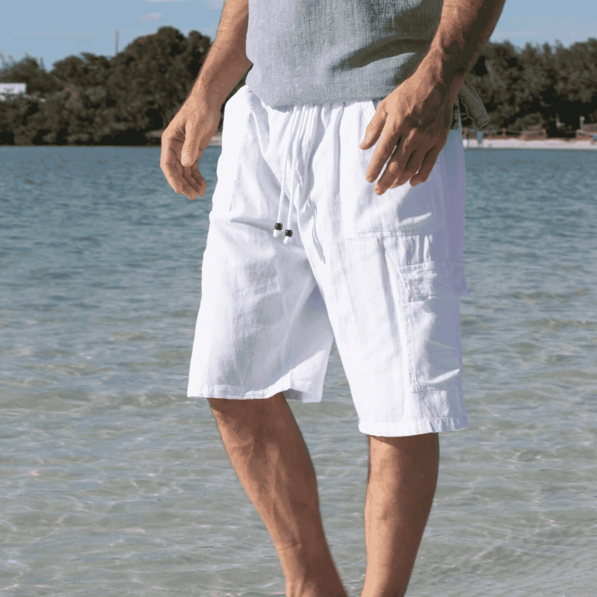 The Marina Shorts made from soft, breathable Cotton Natural fabric, featuring an elastic waistband with adjustable drawstring beads for a custom fit. Designed for comfort, these shorts also have front pockets, offering both style and practicality for everyday wear.
