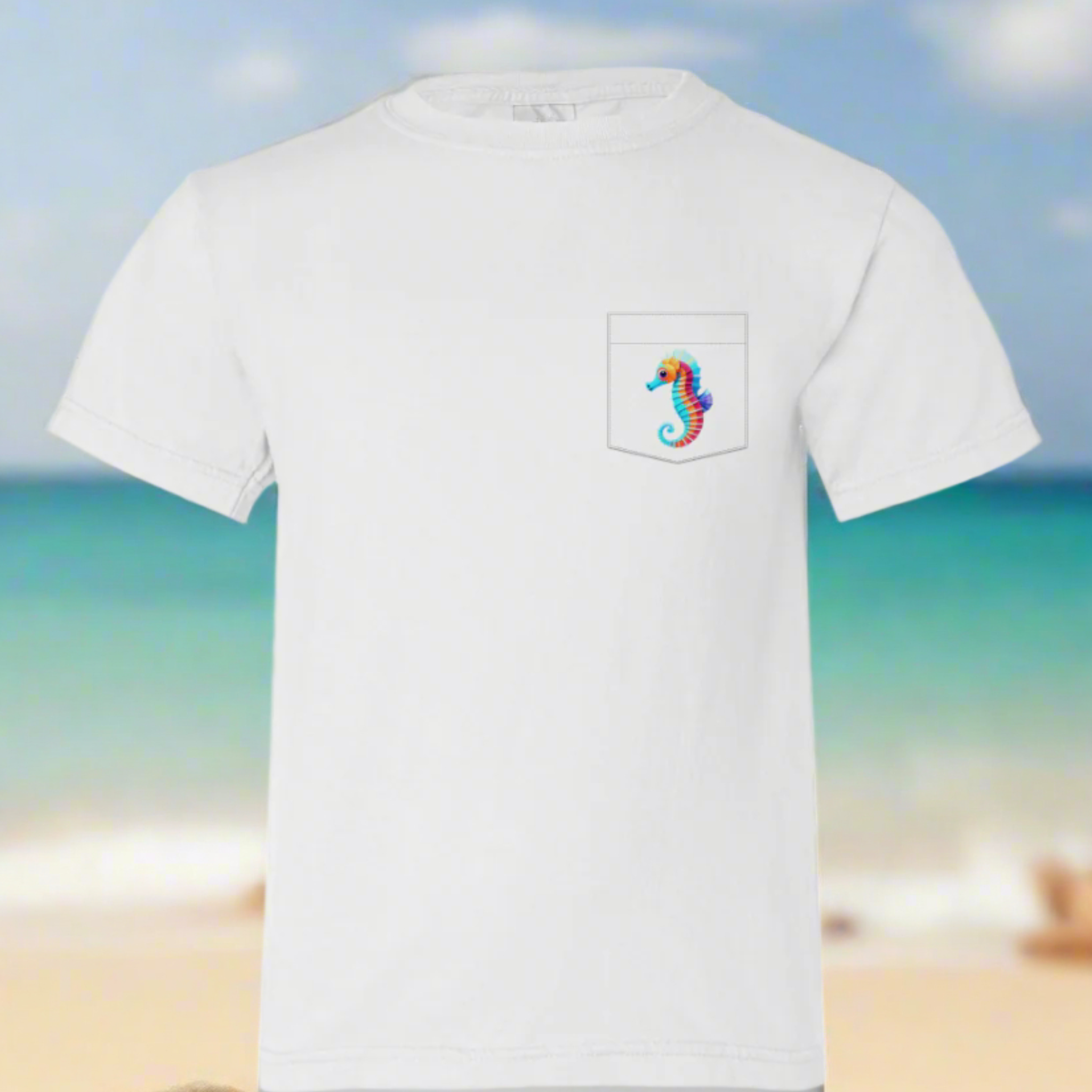 Kids’ Ocean Pony seahorse T-shirt made from 100% cotton, featuring a cute seahorse graphic. Soft, breathable fabric ideal for beach days, ocean adventures, and everyday wear